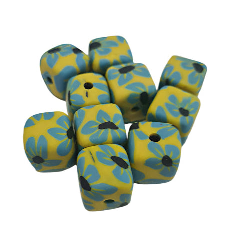 10mm Square Yellow With Blue florals Handmade Polymer Clay Beads