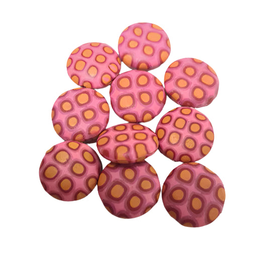 15mm Disc Shaped Pink & Orange  Handmade Polymer Clay Beads