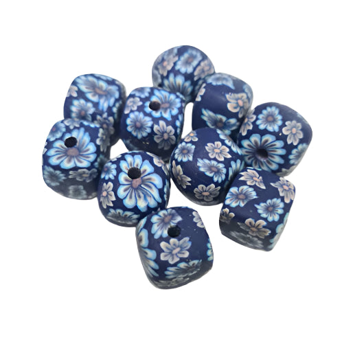 10mm Square Dark Blue With Florals Handmade Polymer Clay Beads