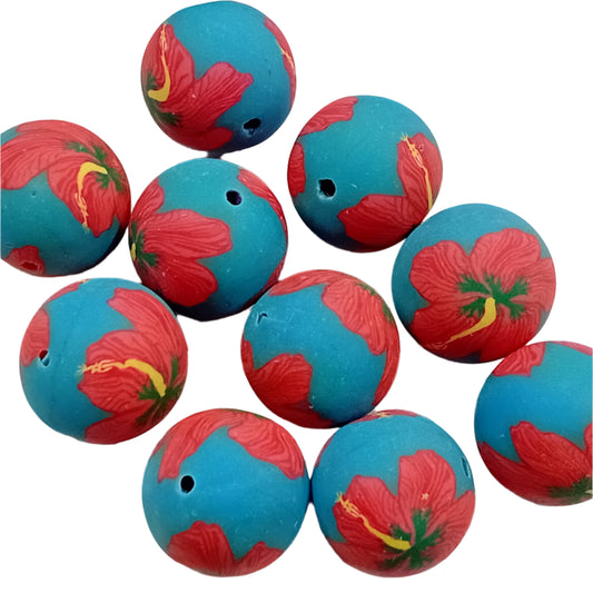 18mm Blue & Red Floral  Handmade Polymer Clay Beads