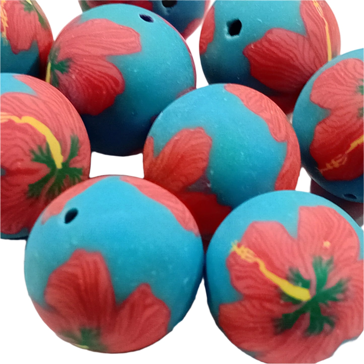 18mm Blue & Red Floral  Handmade Polymer Clay Beads