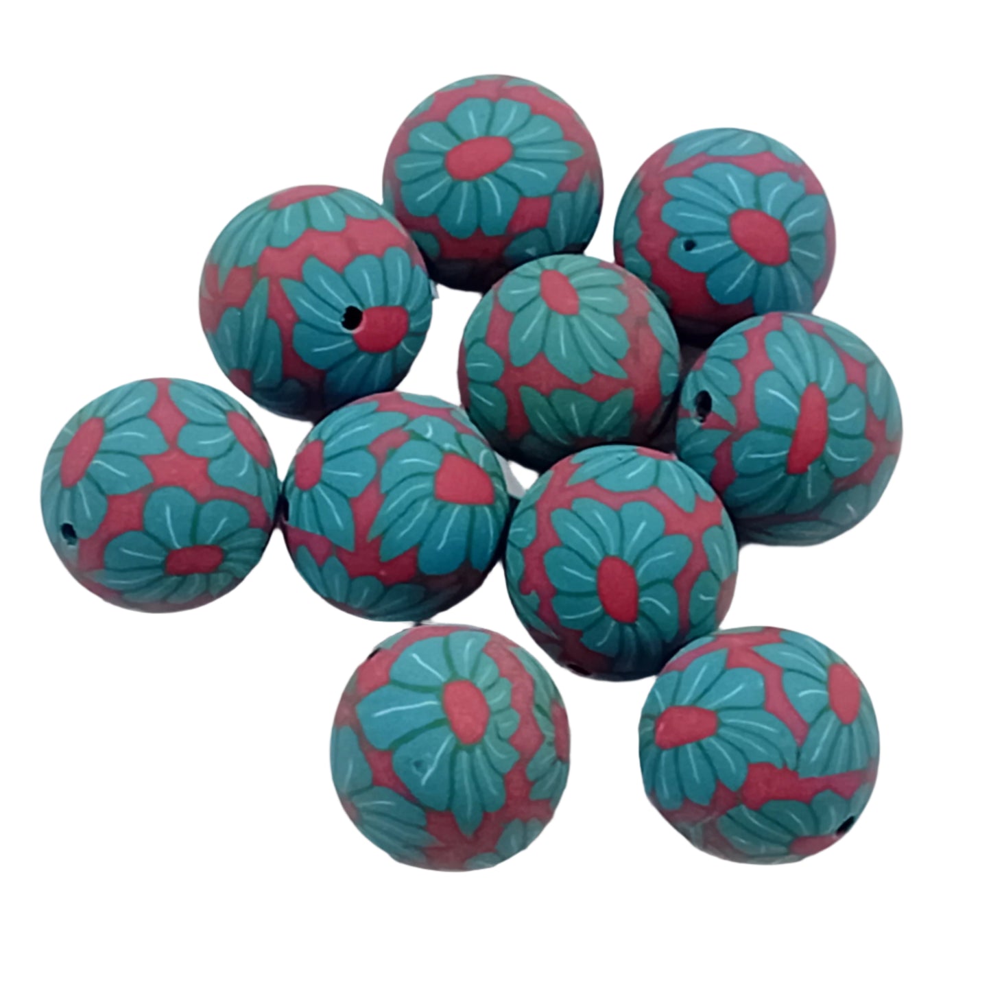 18mm Red & Blue Floral Handmade Polymer Clay Beads