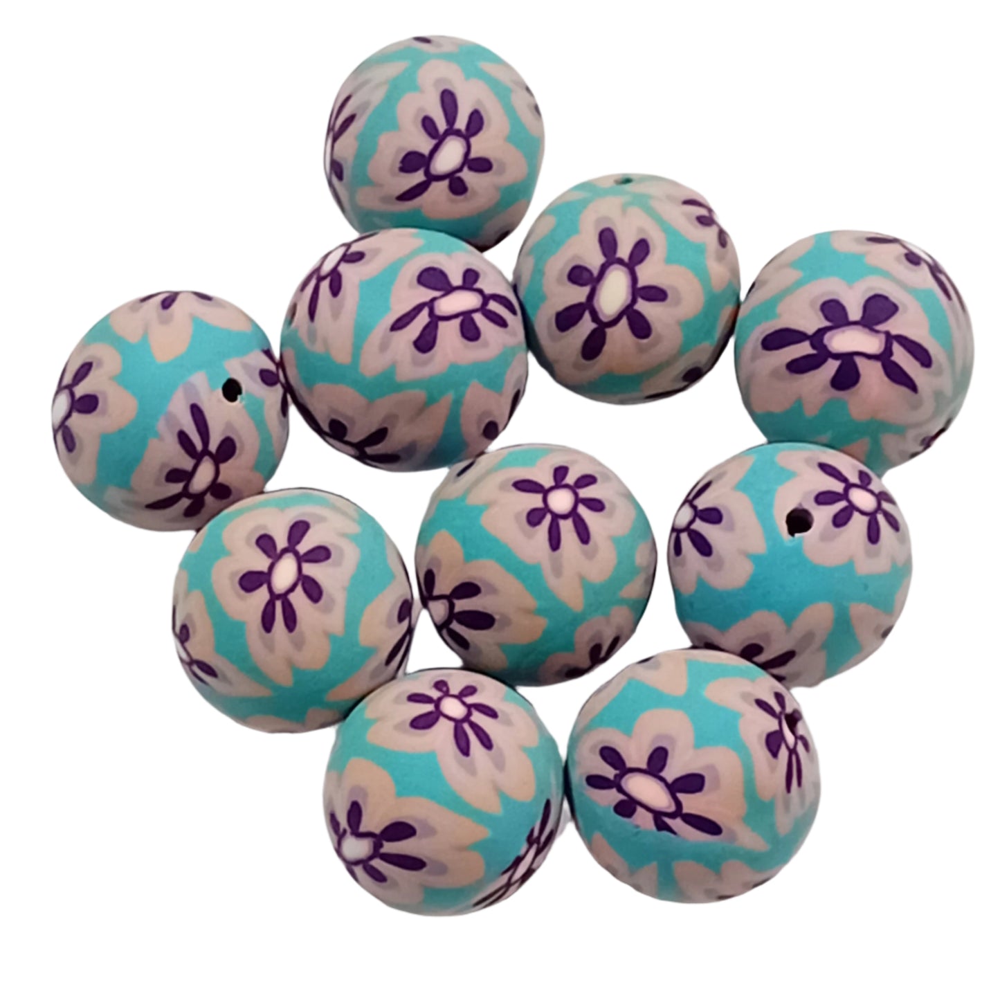 18mm Blue With Purple Florals Handmade Polymer Clay Beads