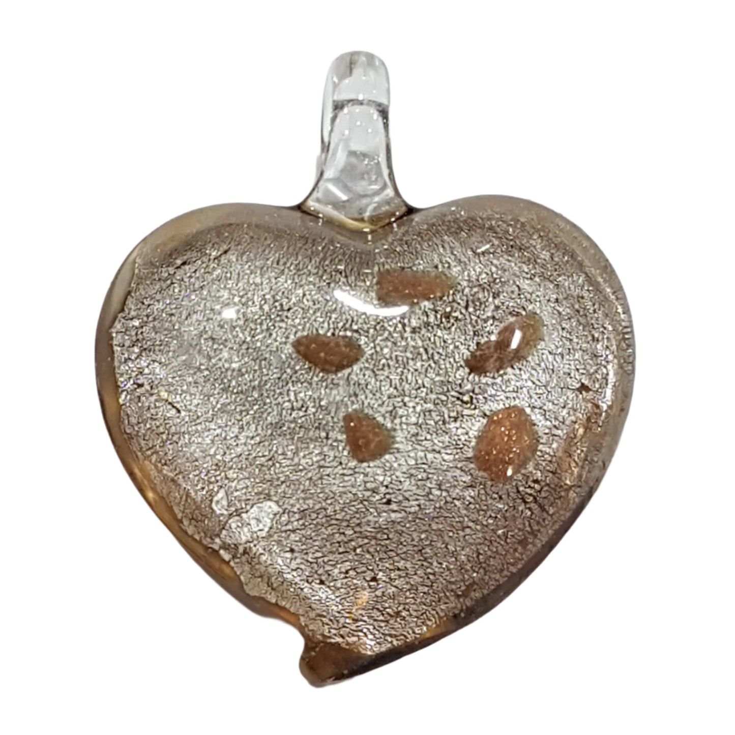 Light Brown & Silver Heart Shaped Lampwork Glass Pendant