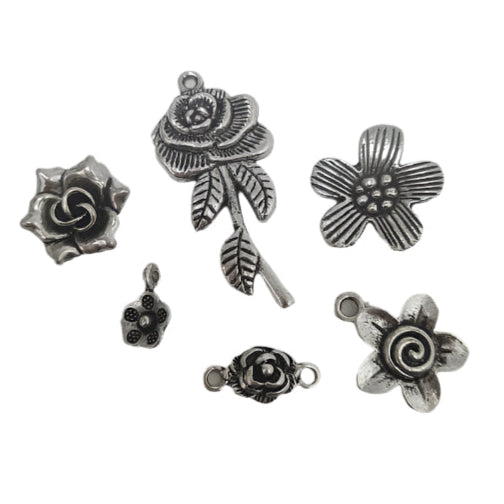 6pc Silver Floral Charms