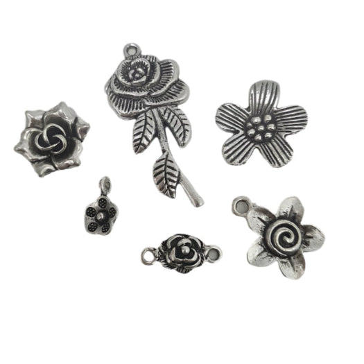 6pc Silver Floral Charms