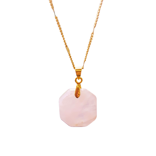 Octagon Shaped Real Rose Quartz  Necklace