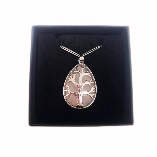 Oval Silver Rose Quartz Tree Of Life Necklace