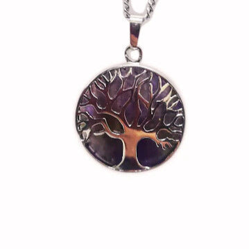 Round Silver Amethyst Tree Of Life Necklace