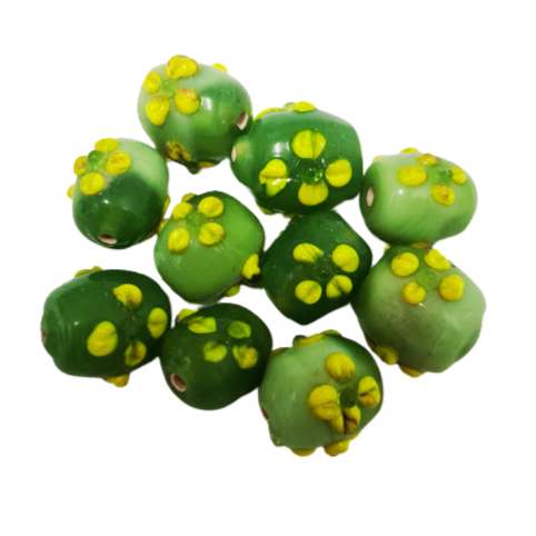 10pc Green Lampwork Beads With Florals