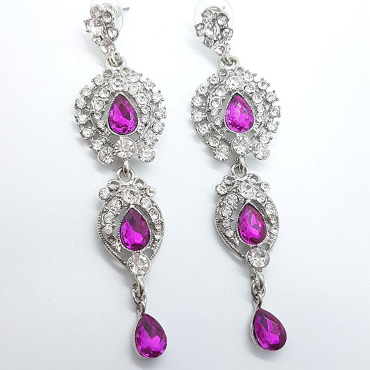 Long Fuchsia Rhinestone Earrings