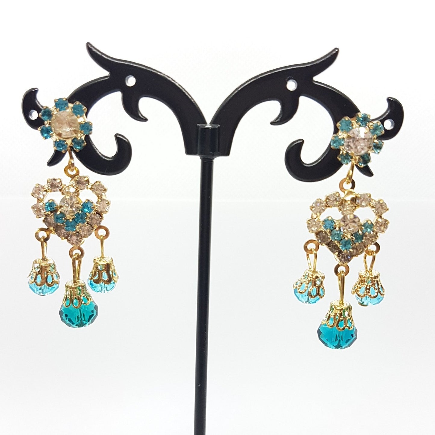 Blue Rhinestone Heart Earrings