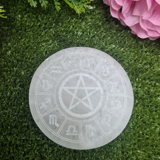 Selenite Zodiac Round Plate