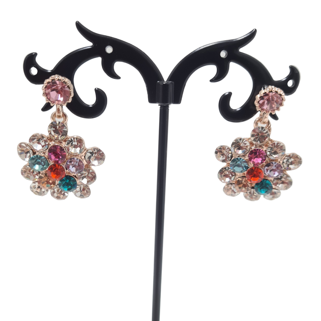 Multi Colour Cluster Flower Rhinestone Earrings