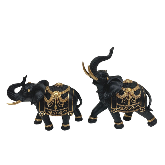 2pc Black and Gold Resin Elephants